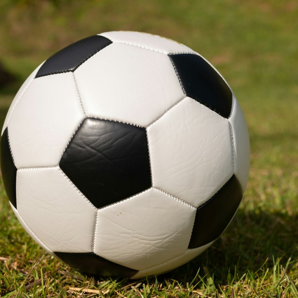 Black and white panelled soccer ball resting on short grass