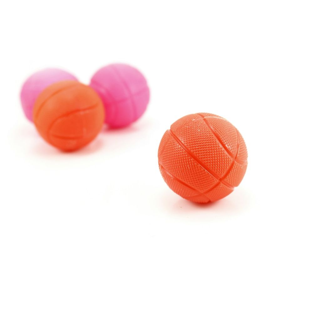 Four small textured rubber balls, two orange and two pink, on a white background